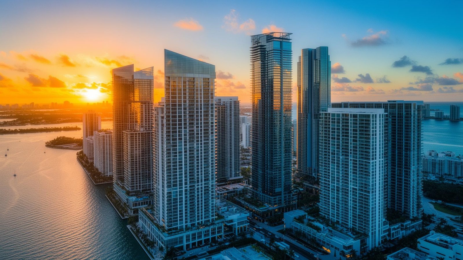 Vista aérea de Miami al atardecer
